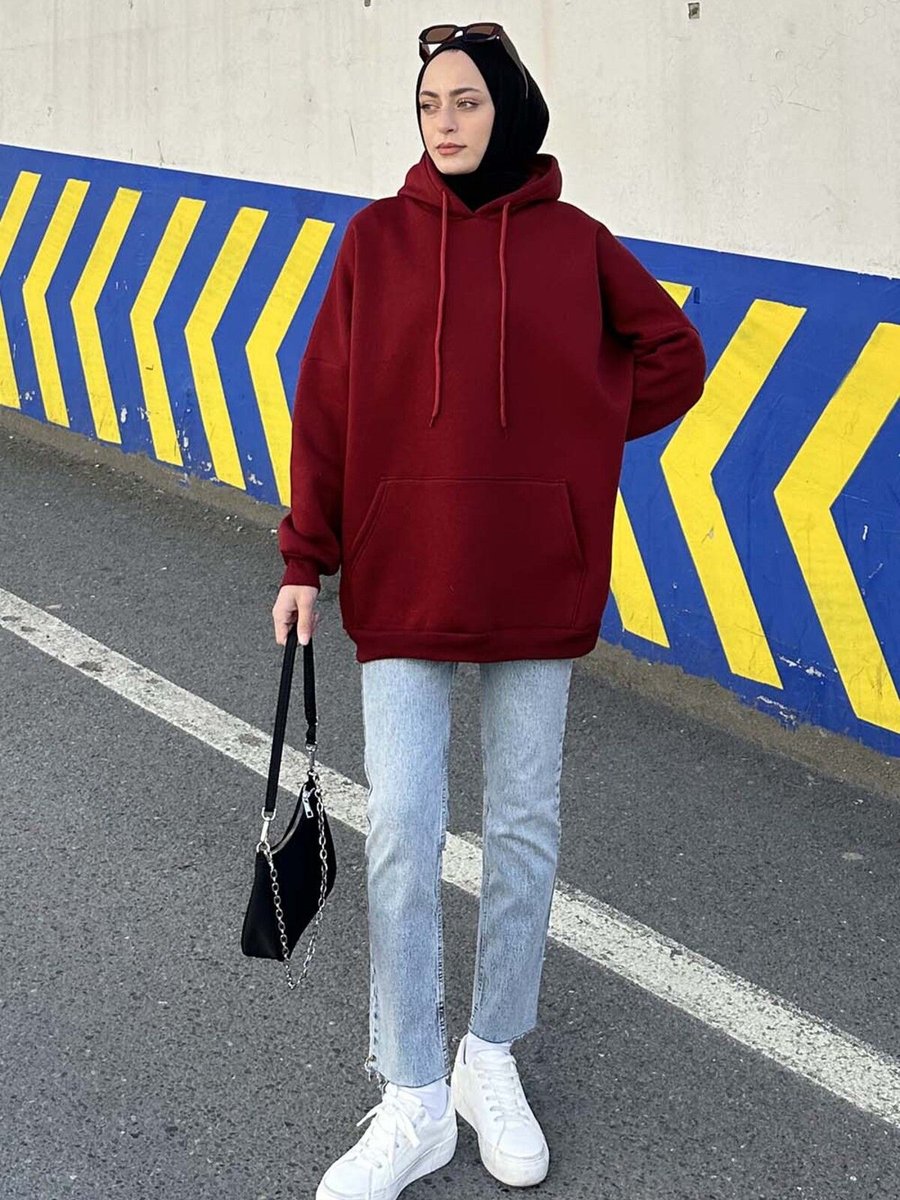 Lamelif Üç Iplik Kanguru Cep Sweatshirt Bordo