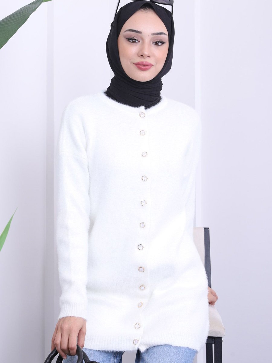 İmajbutik Ekru Sakallı Uzun Triko Hırka