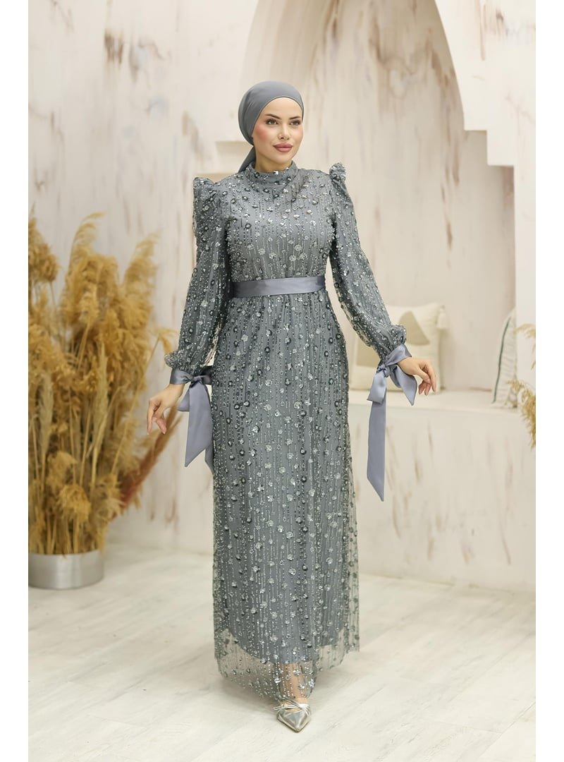 Hakimoda Gülçiçek Boncuklu Abiye Elbise Gümüş