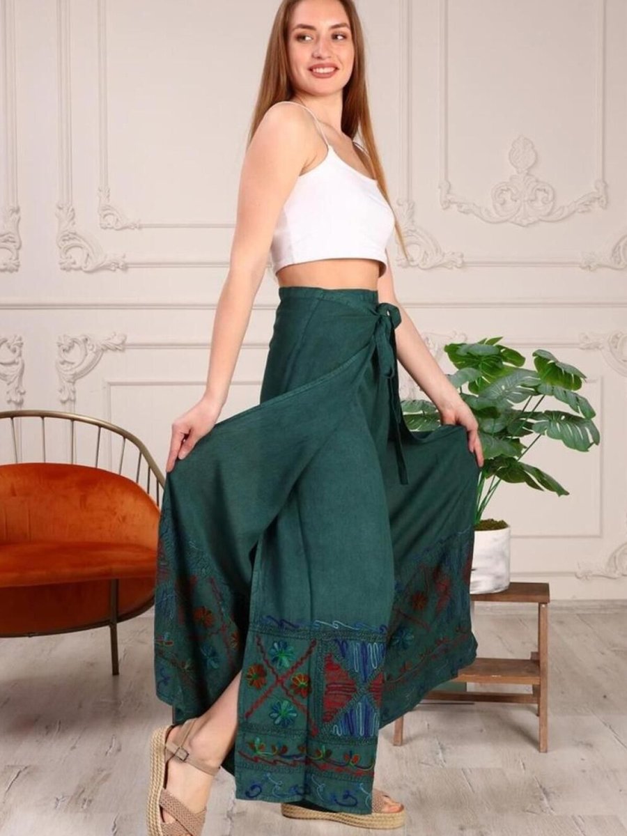 Bohem Stil Yeşil Otantik Nakış İşlemeli Harem Şalvar Bulmaca Pantolon