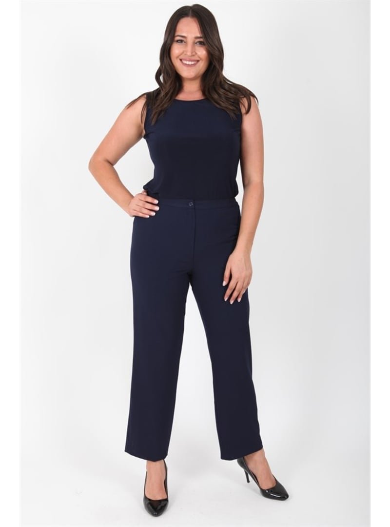 Ladies First Lacivert Arıkan Büyük Beden Krep Kumaş Dar Paça Klasik Pantolon