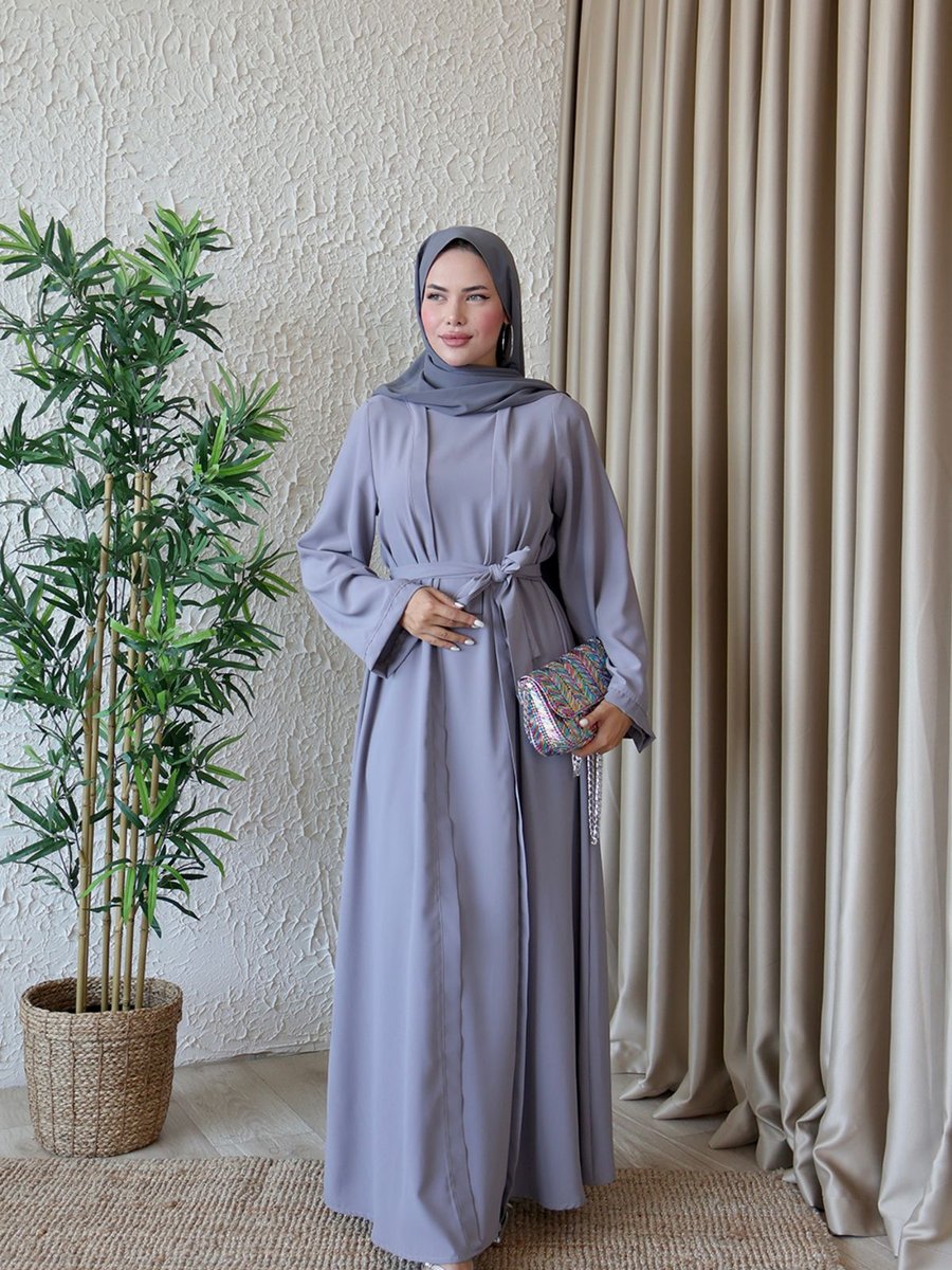 H Hijab Center Tesettür Çift Abaya Görünümlü Kuşaklı Elbise