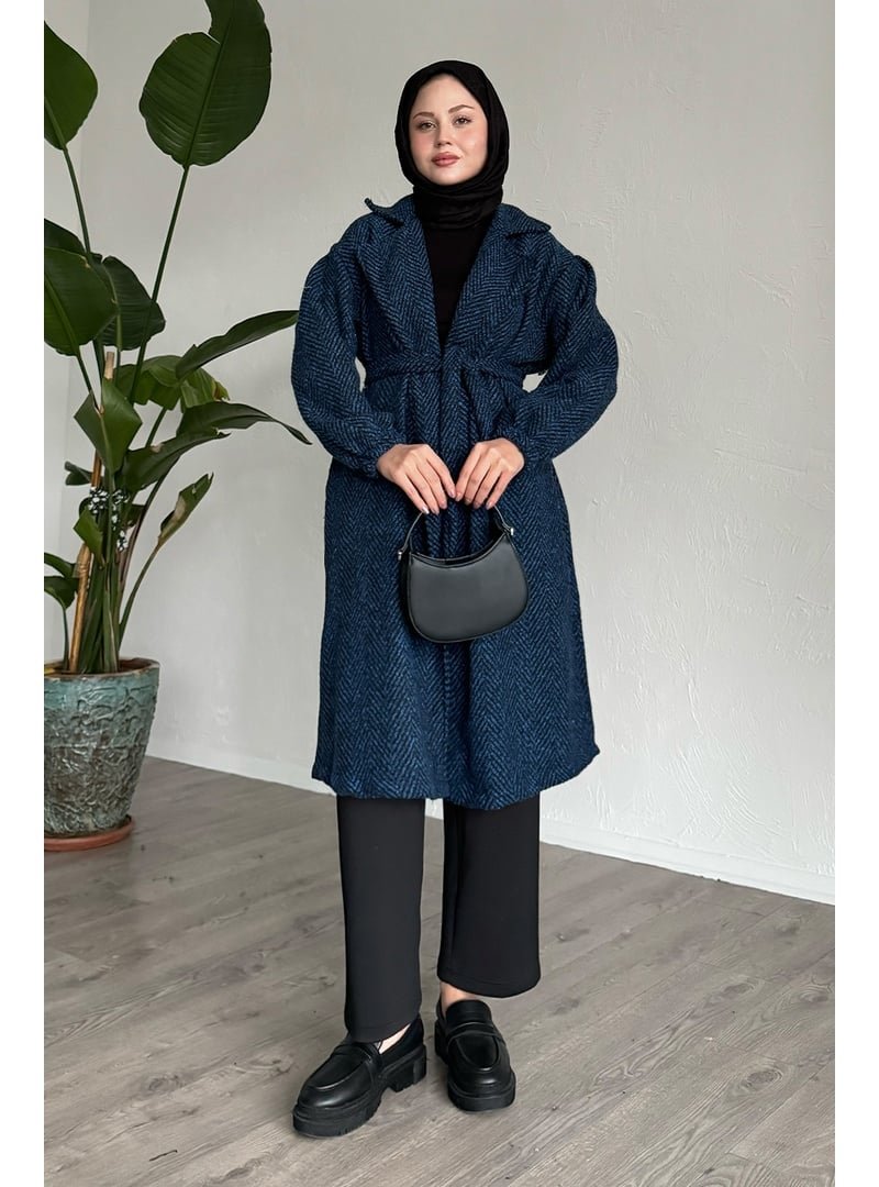 InStyle Balıksırtı Mavi Kaşe Kaban