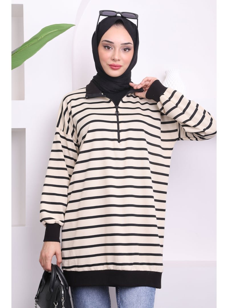 İmaj Butik Siyah Ribanalı Yaka Fermuarlı Çizgili Sweat