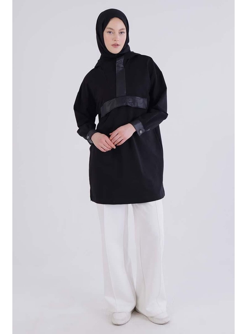 Allday Siyah Deri Garnili Kapüşonlu Sweat Tunik