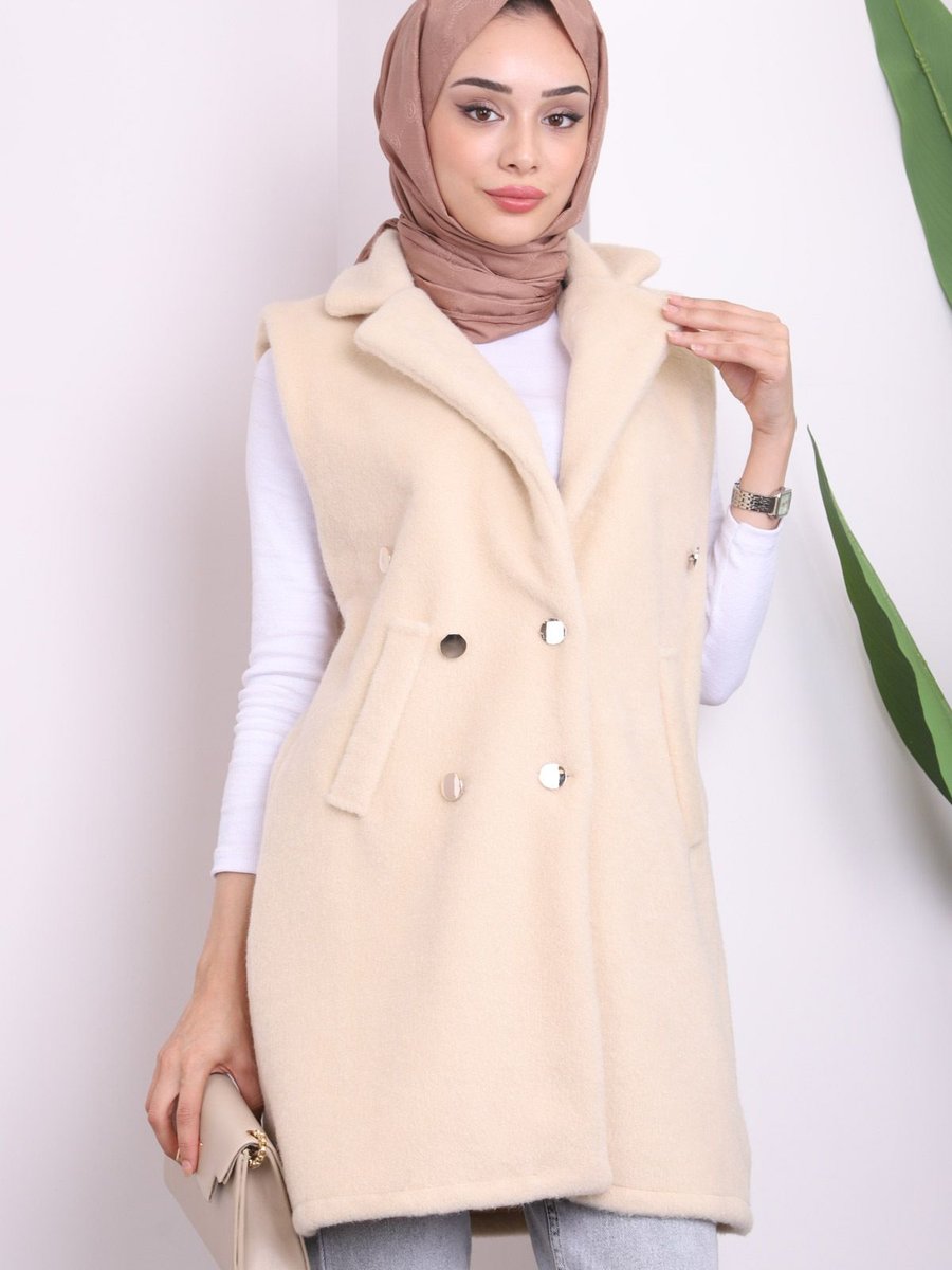 İmajbutik Bej Kruvaze Yaka Düğmeli Angora Yelek