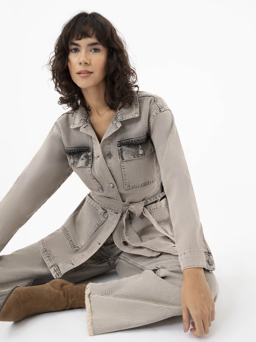 Benin Gri Yıkamalı Cep Detaylı Denim Ceket