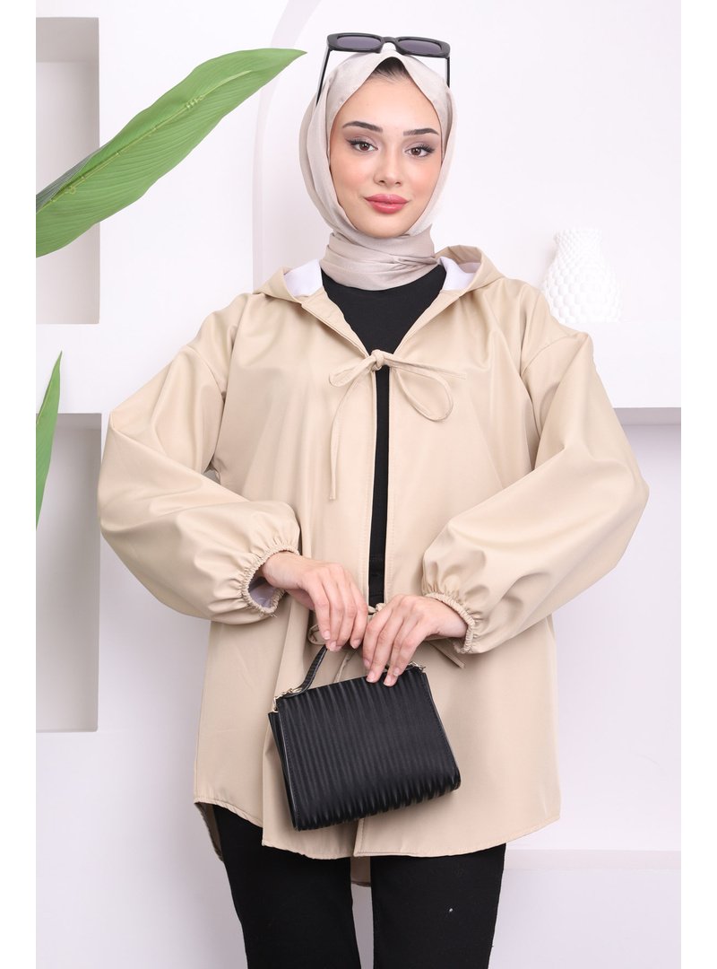 İmaj Butik Bej Ön Bağlamalı Kapüşonlu Kısa Trençkot