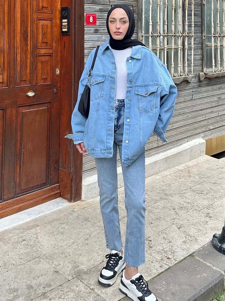 Lamelif Çift Cepli Oversize Kot Ceket
