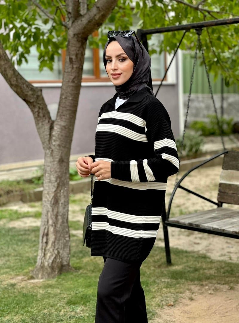Nergis Neva Yakalı Çizgili Triko Tunik