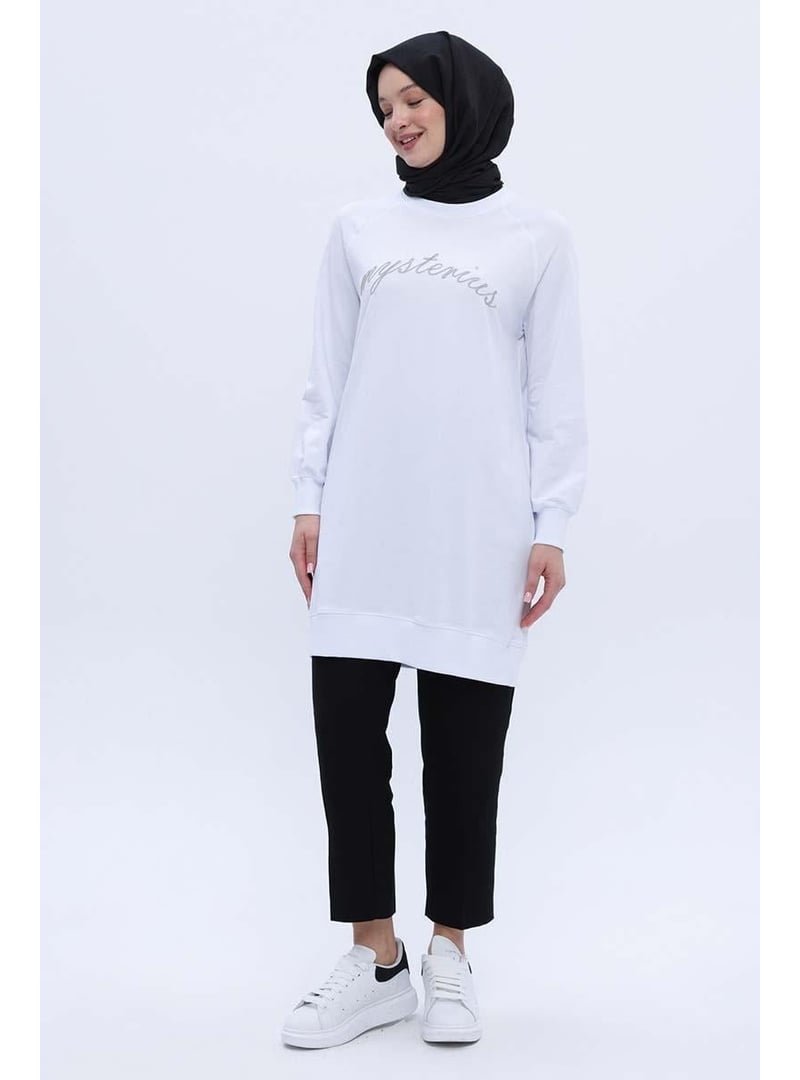 Allday Beyaz Pamuklu Reglan Kol Zincir Nakışlı Sweat Tunik