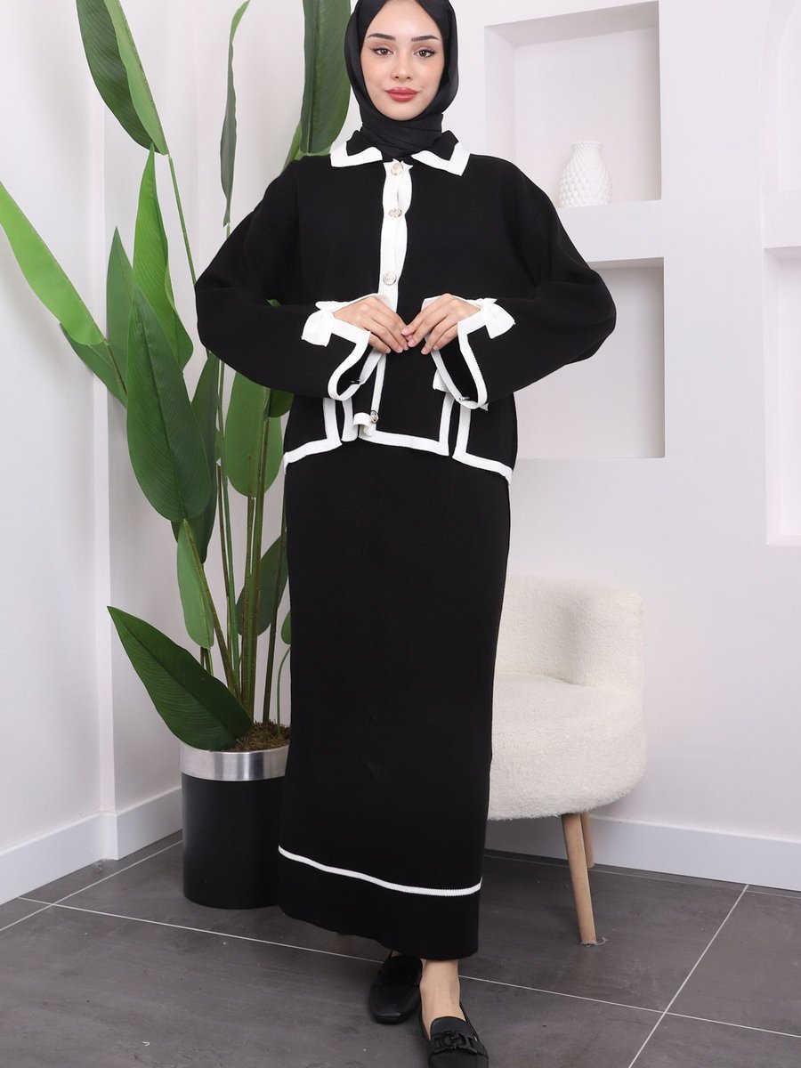 İmajbutik Siyah Fiyonklu Hırka Etekli Triko Takım