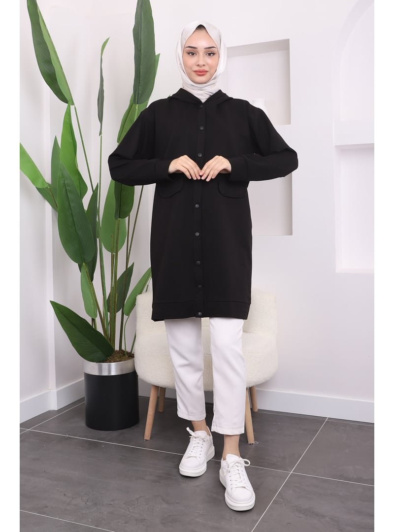 İmaj Butik Siyah Çıtçıtlı Kapüşonlu İki İplik Kap