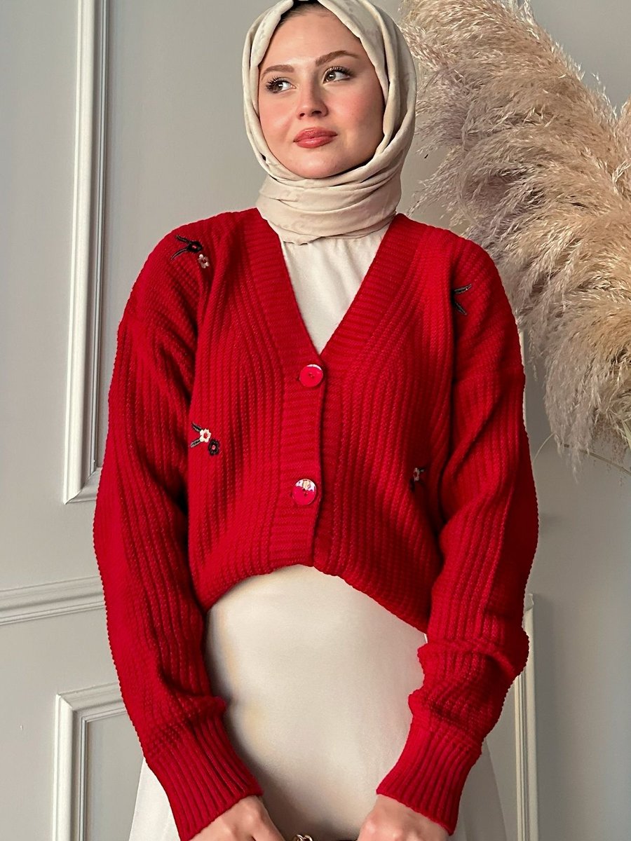 Instyle Helly Papatya İşlemeli Hırka Kırmızı