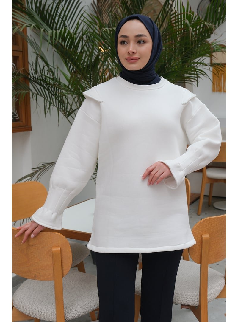 Locco Moda Beyaz Omuz Vatkalı Oversize Sweat