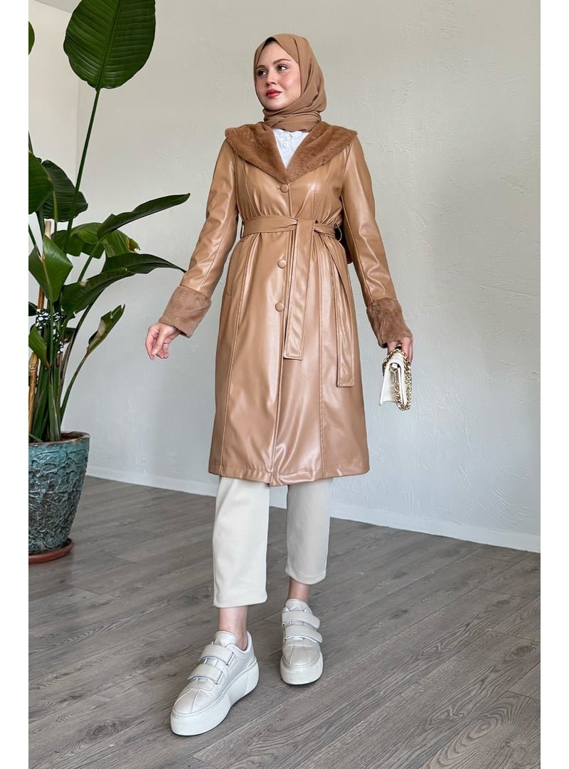 InStyle Kürk Detaylı Camel Deri Trençkot