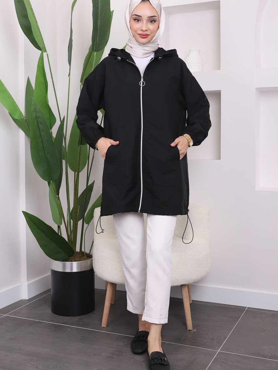 İmajbutik Siyah Kapüşonlu Fermuarlı Trençkot
