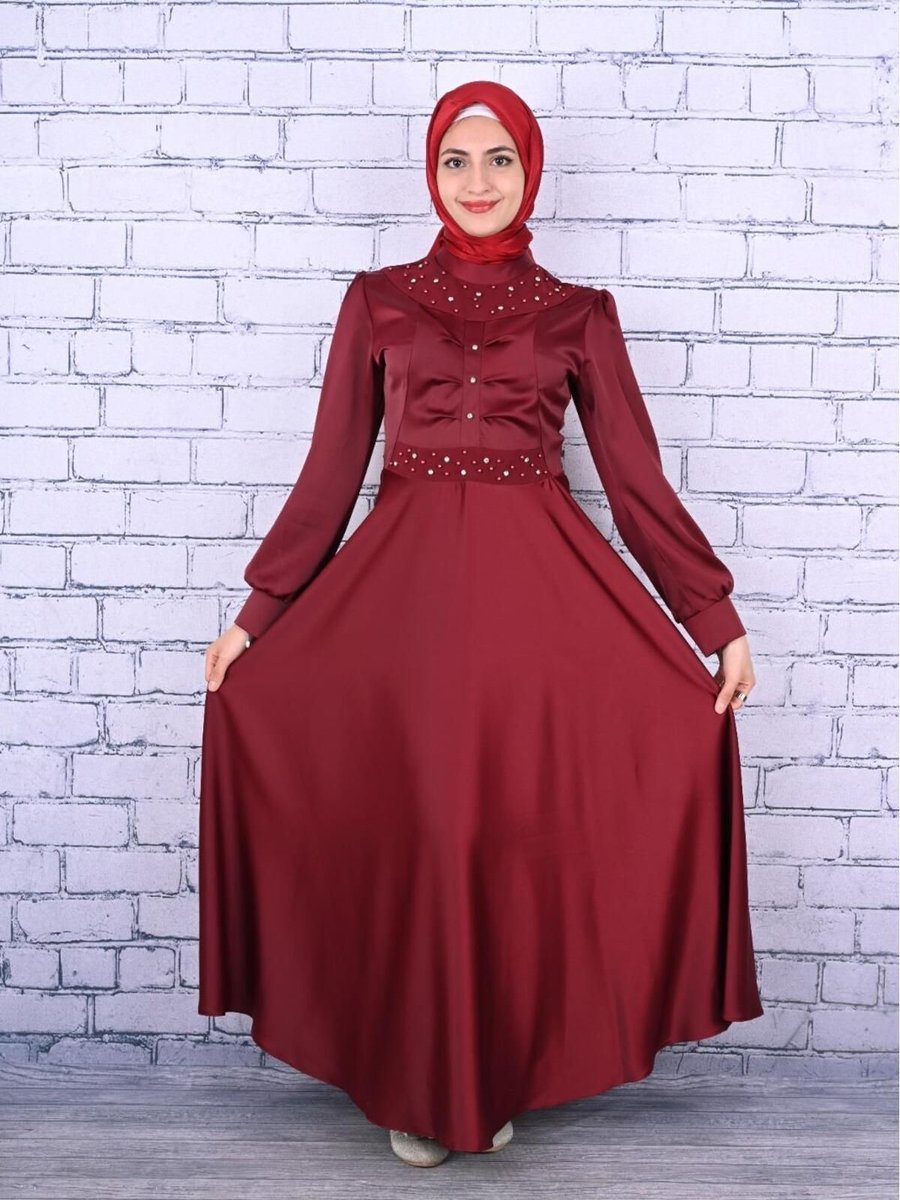 Cefri Bordo Çocuk Saten Kumaş Abiye Elbise