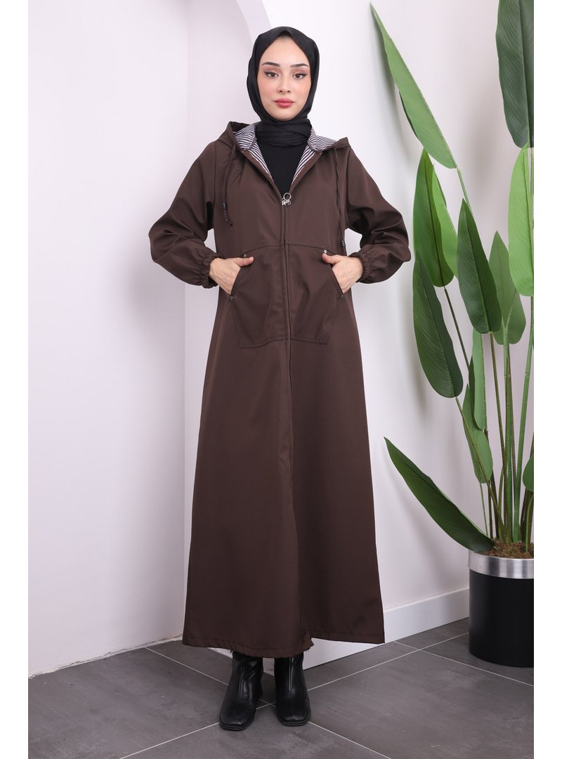 İmaj Butik Kahverengi Kapüşonlu Fermuarlı Kap