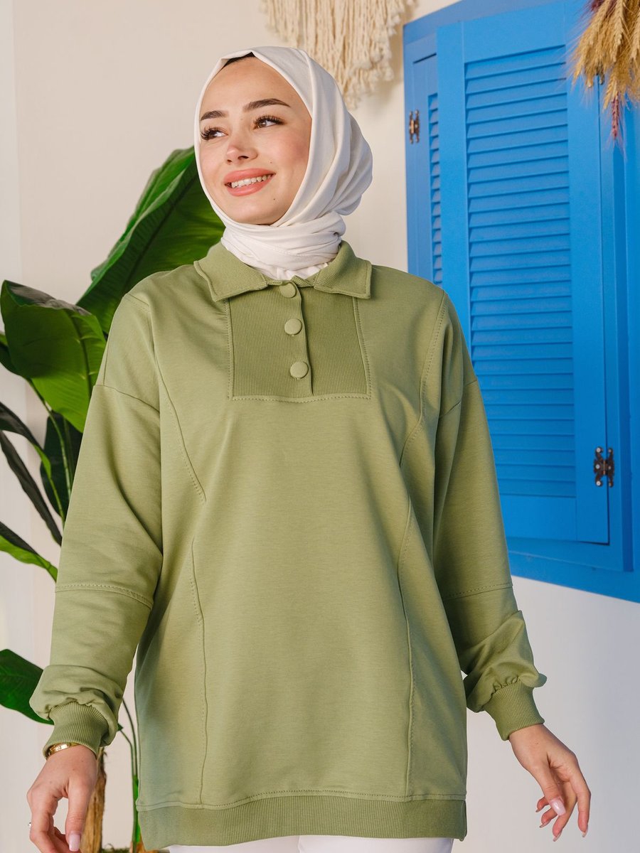 Locco Kumaş Düğme Detay Tunik Fıstık Yeşil