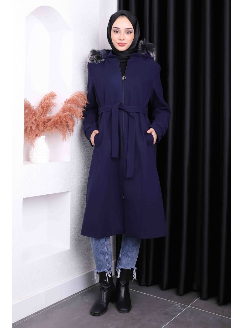 İmaj Butik Lacivert Bel Kuşaklı Kaşe Kaban