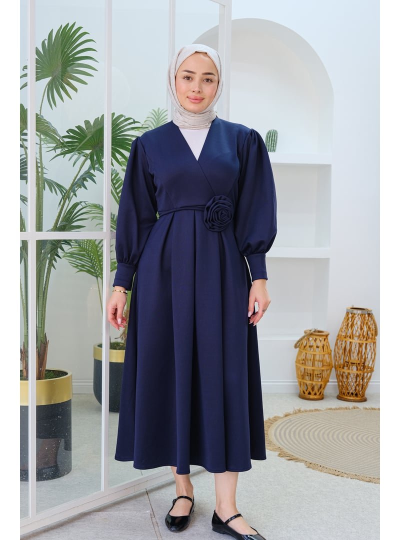 Locco Moda Lacivert Gül Kemerli Elbise