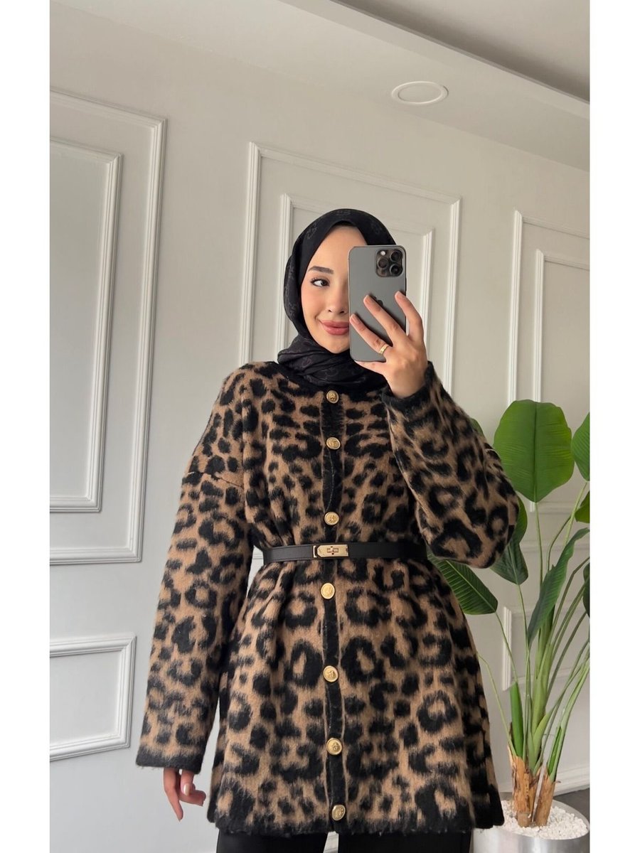 Jose Clothing Niche Leopar Desenli Uzun Triko Hırka