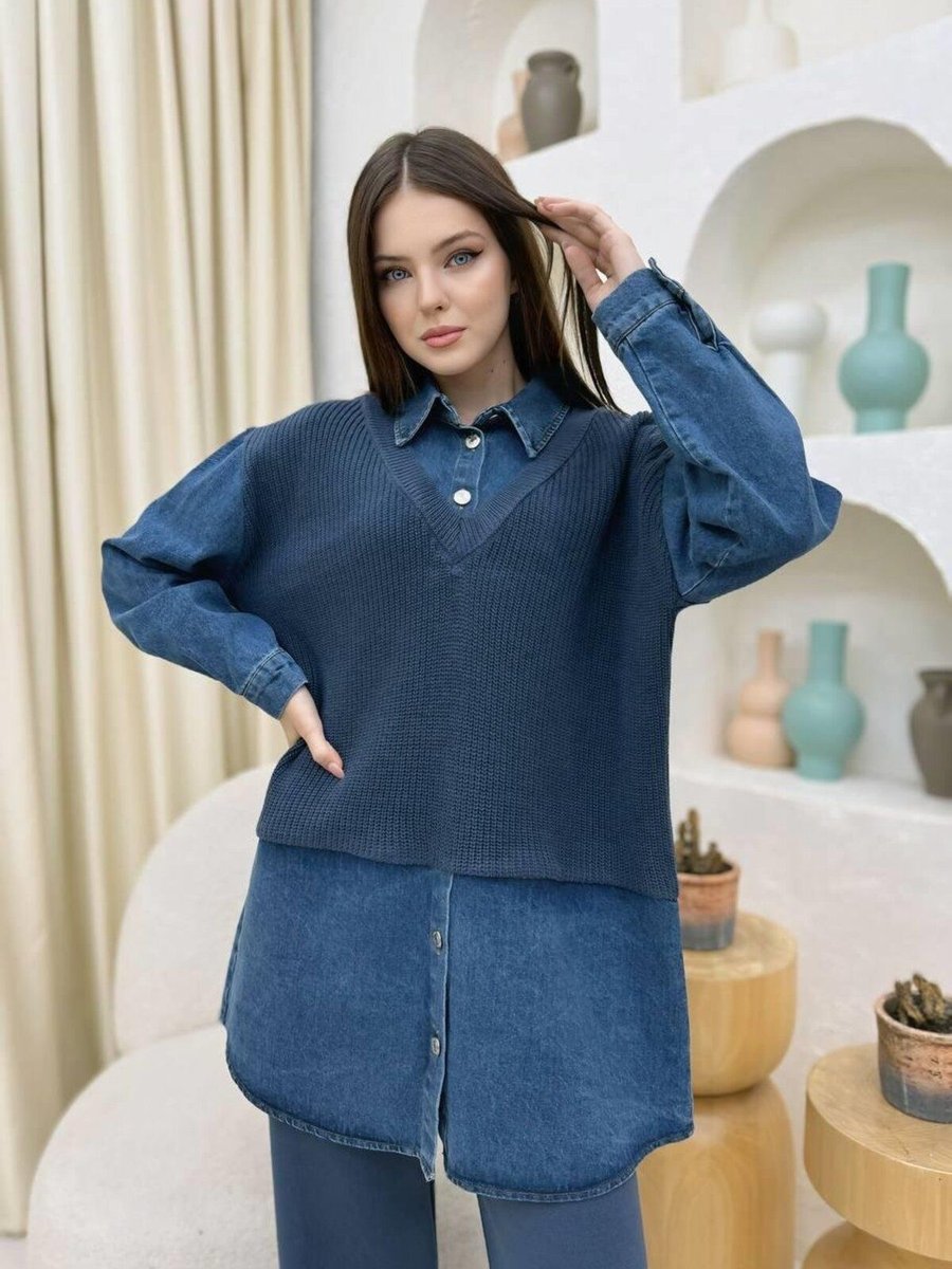 Cardella Premium Kalite Detaylı Denim Gömlek Triko Pantolon İkili Takım