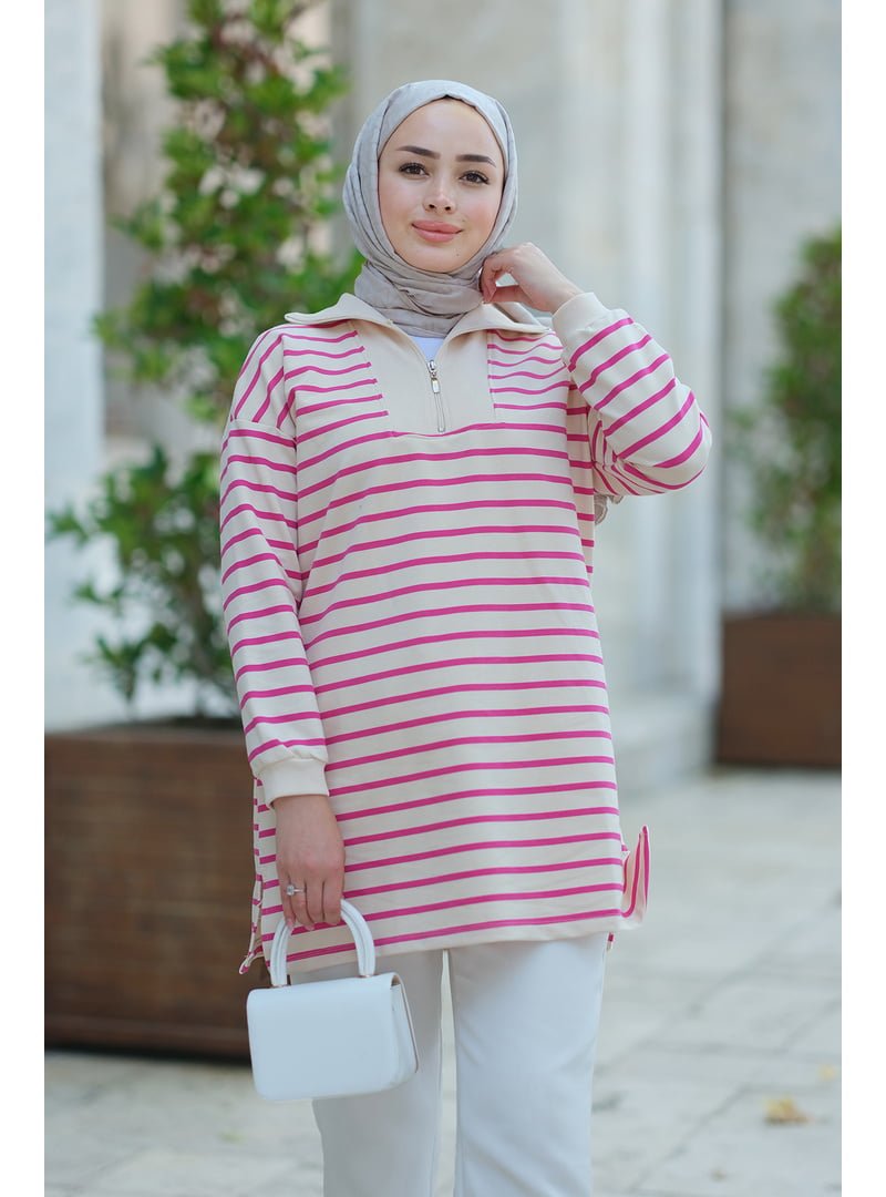 Locco Moda Fuşya Önü Fermuarlı Çizgili Sweat