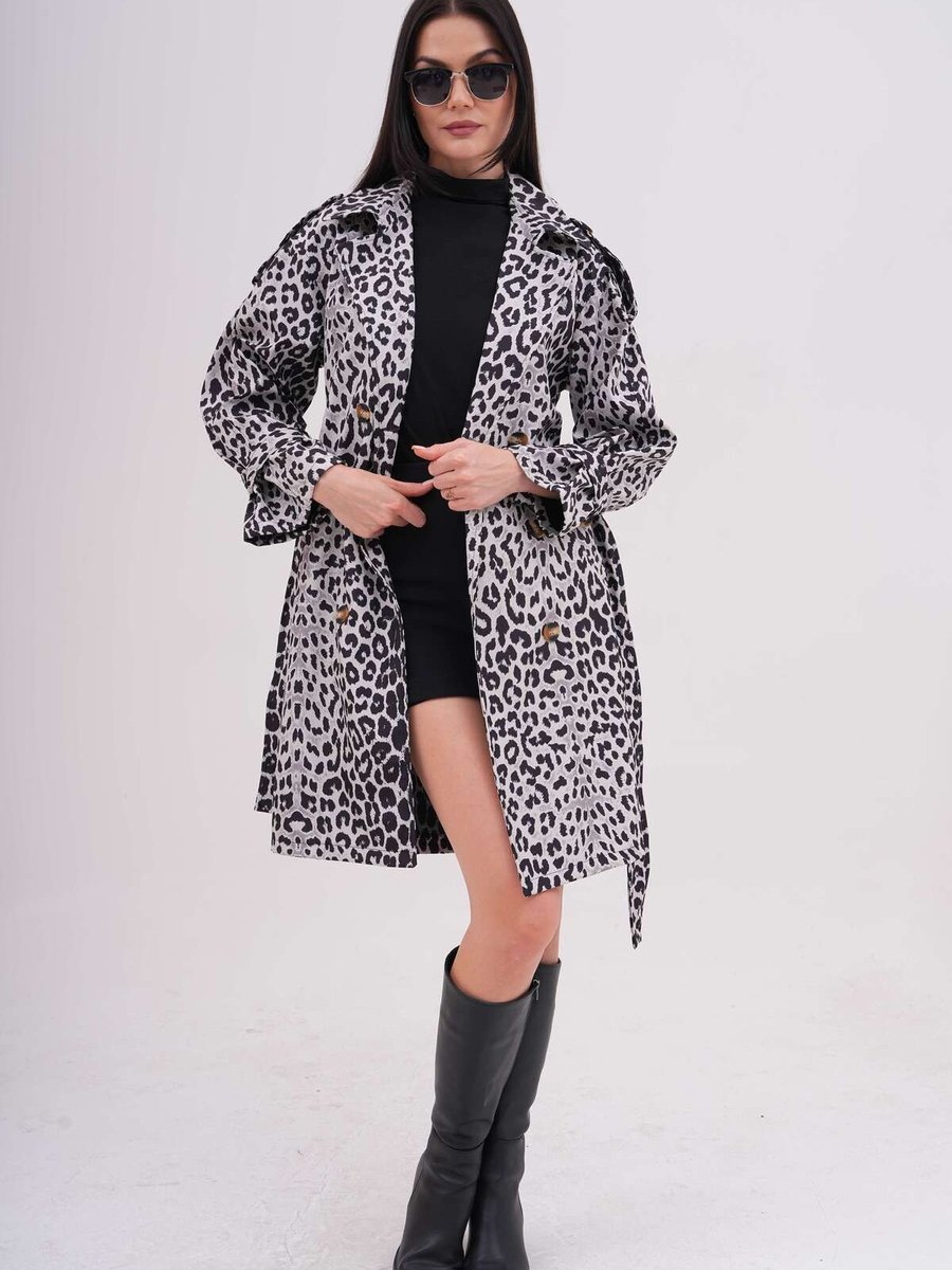 Vovstyle Leopar Desenli Kuşaklı Düğmeli Trençkot