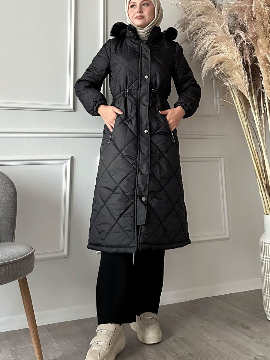 Instyle Beli Büzgülü Kapitone Mont Siyah