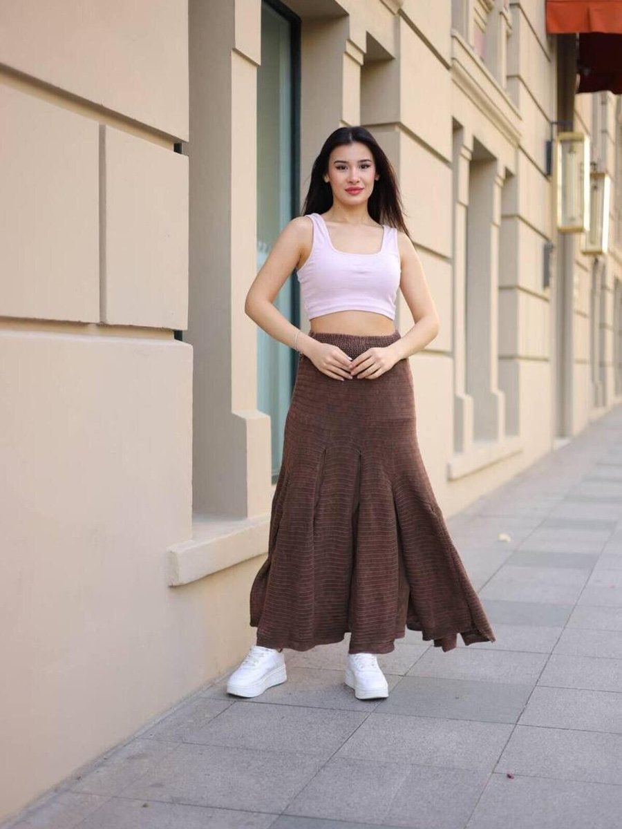 EREN STYLE Kahverengi Bohem Yıkamalı Parçalı Beli Lastikli Astarlı Koton Uzun Etek