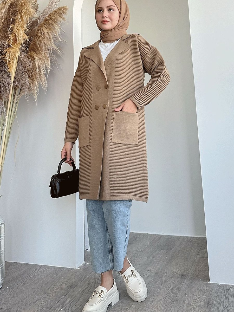 Instyle Gofre Desen Düğmeli Sütlü Kahve Triko Ceket