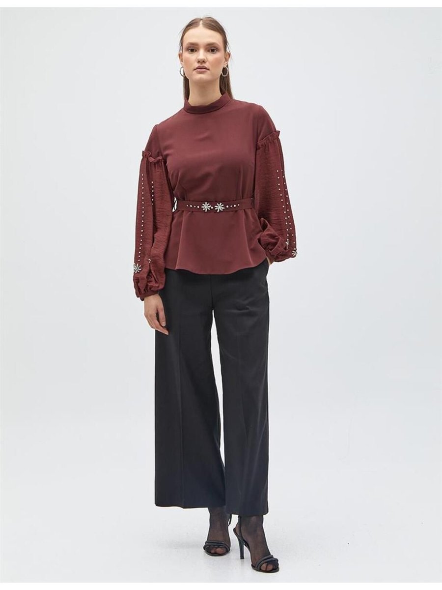 Kayra Taşlı Kuşaklı Bronze Brown Bluz