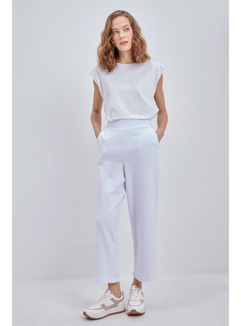Allday Beyaz Pamuklu Beli Lastikli Bol Paça Pantolon