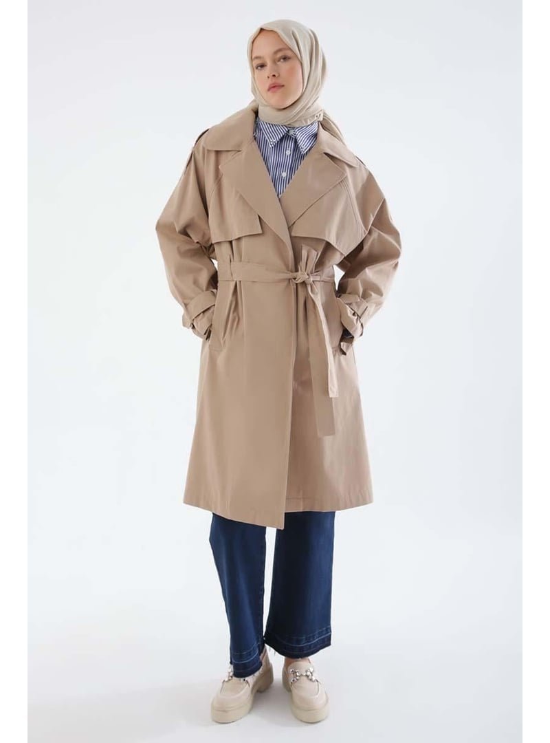 Allday Bej Kemerli Çıtçıtlı Oversize Trençkot
