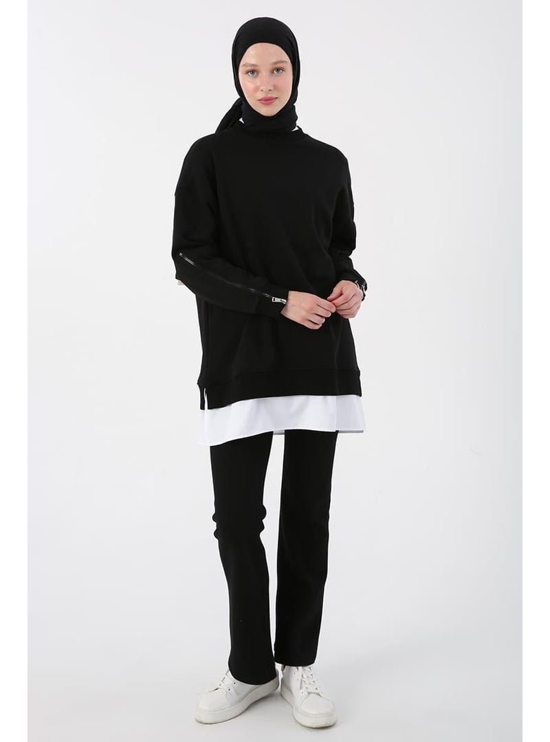 Allday Siyah Kolları Fermuarlı Dokuma Garnili Oversize Sweat Tunik