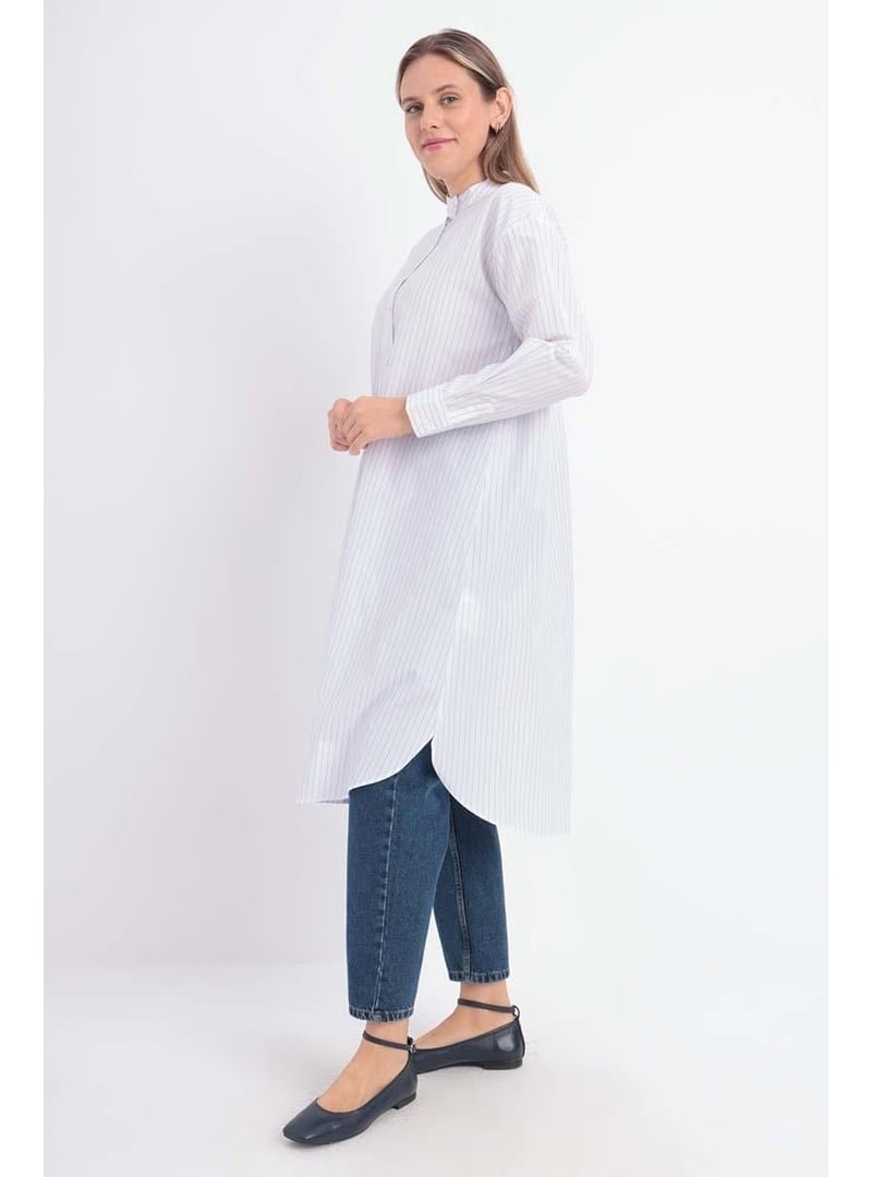 Allday Pamuklu Çizgili Poplin Gömlek Tunik Beyaz Mavi