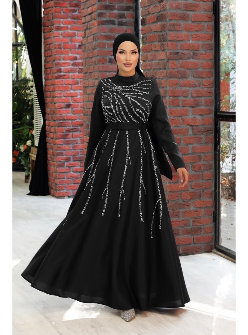 Hakimoda Siyah Büyük Beden Kayre Saten Abiye