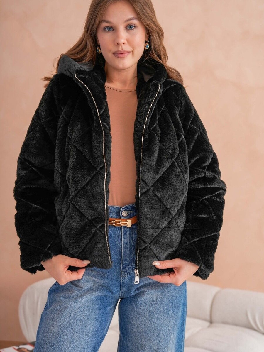 VOLT CLOTHİNG Siyah Astarlı Kapüşonlu Peluş Mont