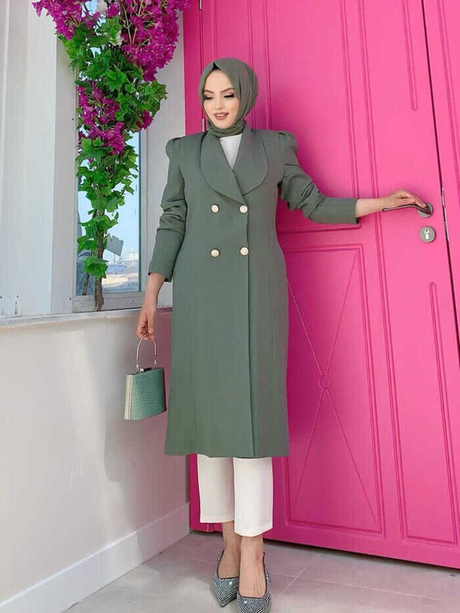 Bym Fashion Yaka Detay Ön Düğmeli Yarım Boy Ceket Mint