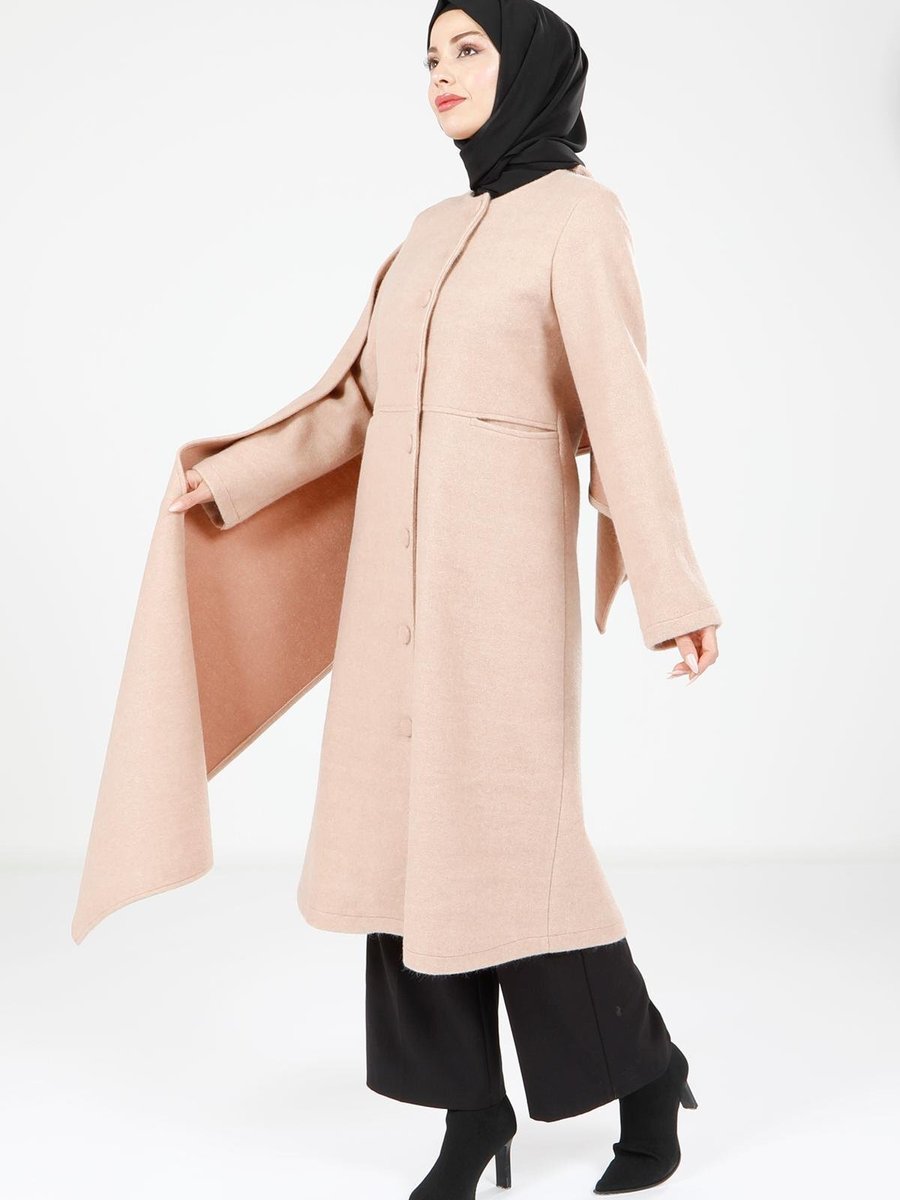 Beyza Camel Cepli Ve Düğmeli Şallı Kaban