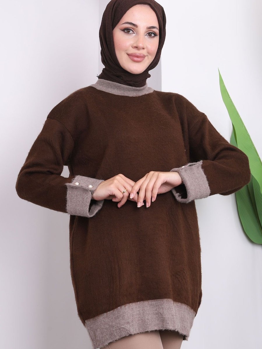 İmajbutik Kahverengi Kol Düğmeli Triko Tunik