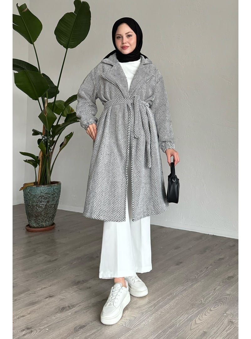 InStyle Balıksırtı Beyaz Kaşe Kaban