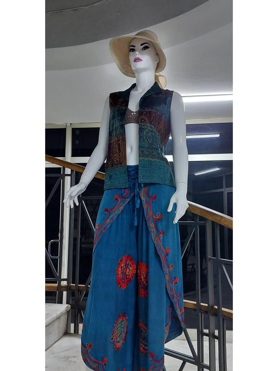 Bohem Stil Turkuaz Otantik Nakış İşlemeli Harem Şalvar Pantolon