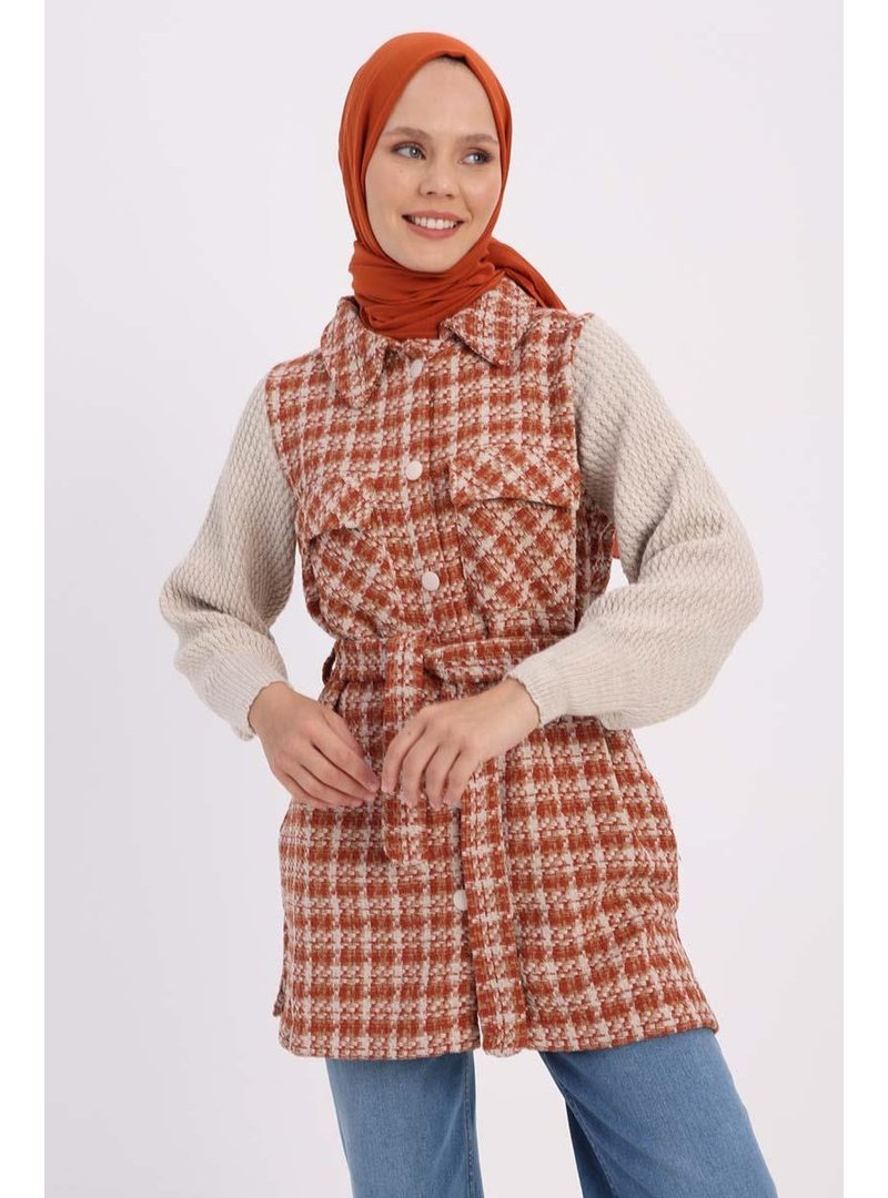 Allday Camel Triko Garnili Kuşaklı Tüvit Hırka