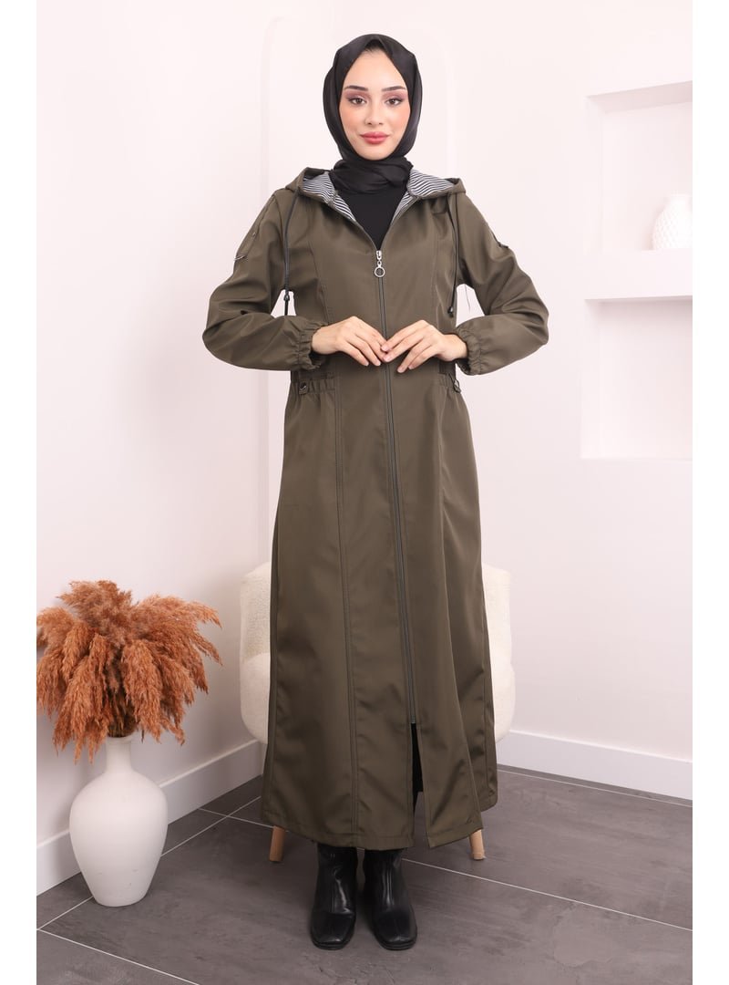 İmaj Butik Haki Kapüşonlu Kol Lastikli Uzun Trençkot
