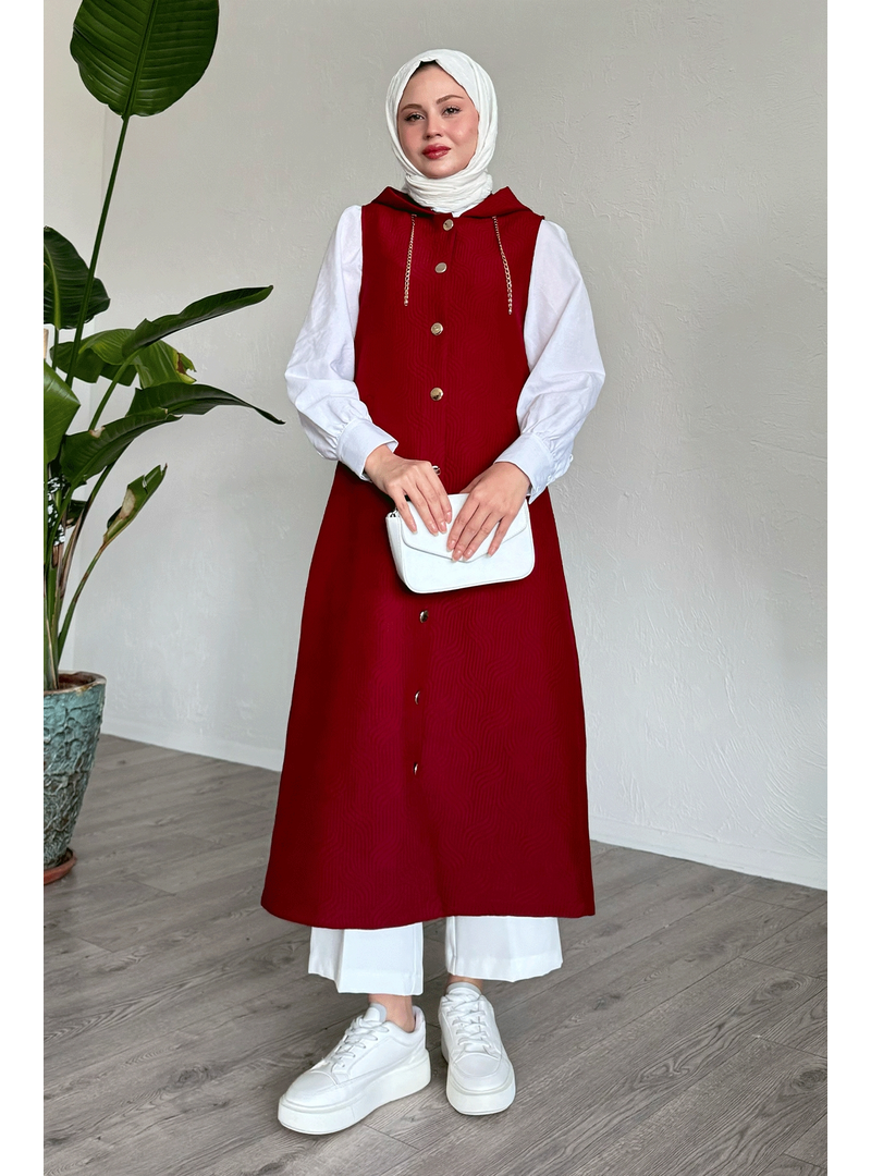 InStyle Bordo Zincir Detaylı Kapüşonlu Uzun Yelek