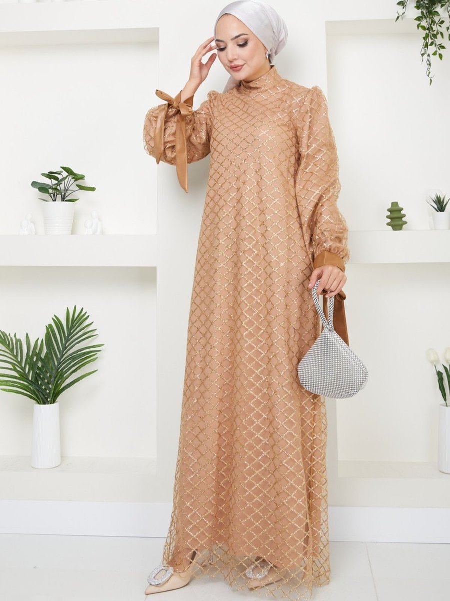 Ayşe Melek Giyim Moda Simli Baklava Desenli Kalem Abiye Elbise Gold