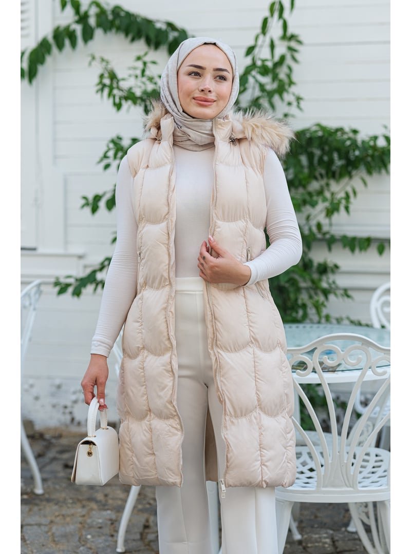Locco Moda Krem Kapüşonlu Şişme Yelek